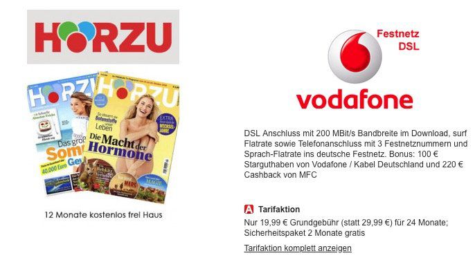 Vodafone Red Internet & Phone 100 Cable für 16,07€ mtl. dank 200€ Cashback & 100€ Startguthaben + 1 Jahr HÖRZU Abo gratis (Wert 114€)