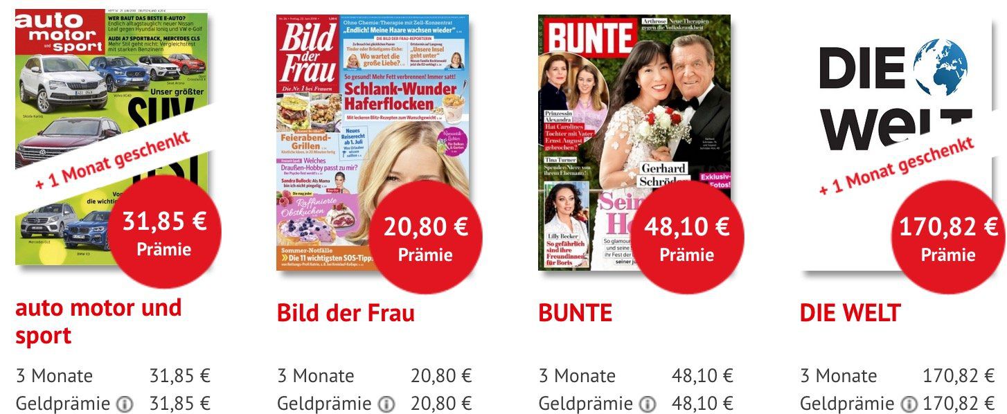 Zeitschriften Abos mit vollwertigen Scheckprämien   z.B. 3 Monate Die Welt für 170,82€ + 170,82€ Scheck