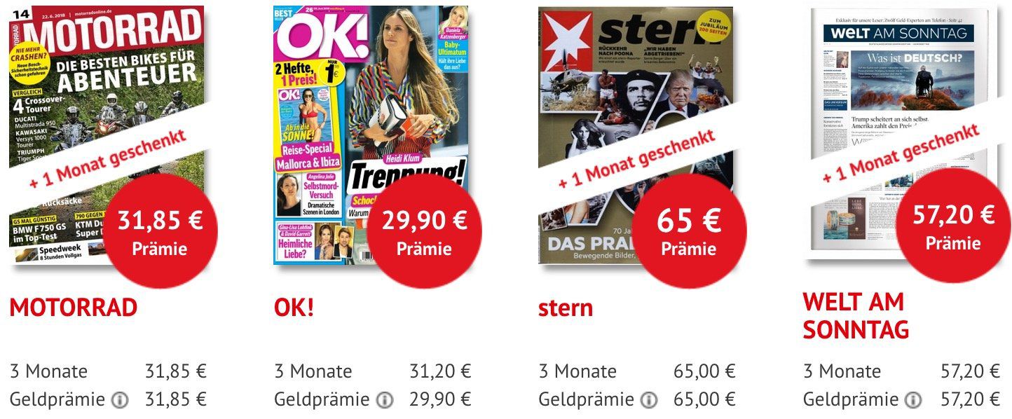 Zeitschriften Abos mit vollwertigen Scheckprämien   z.B. 3 Monate Die Welt für 170,82€ + 170,82€ Scheck