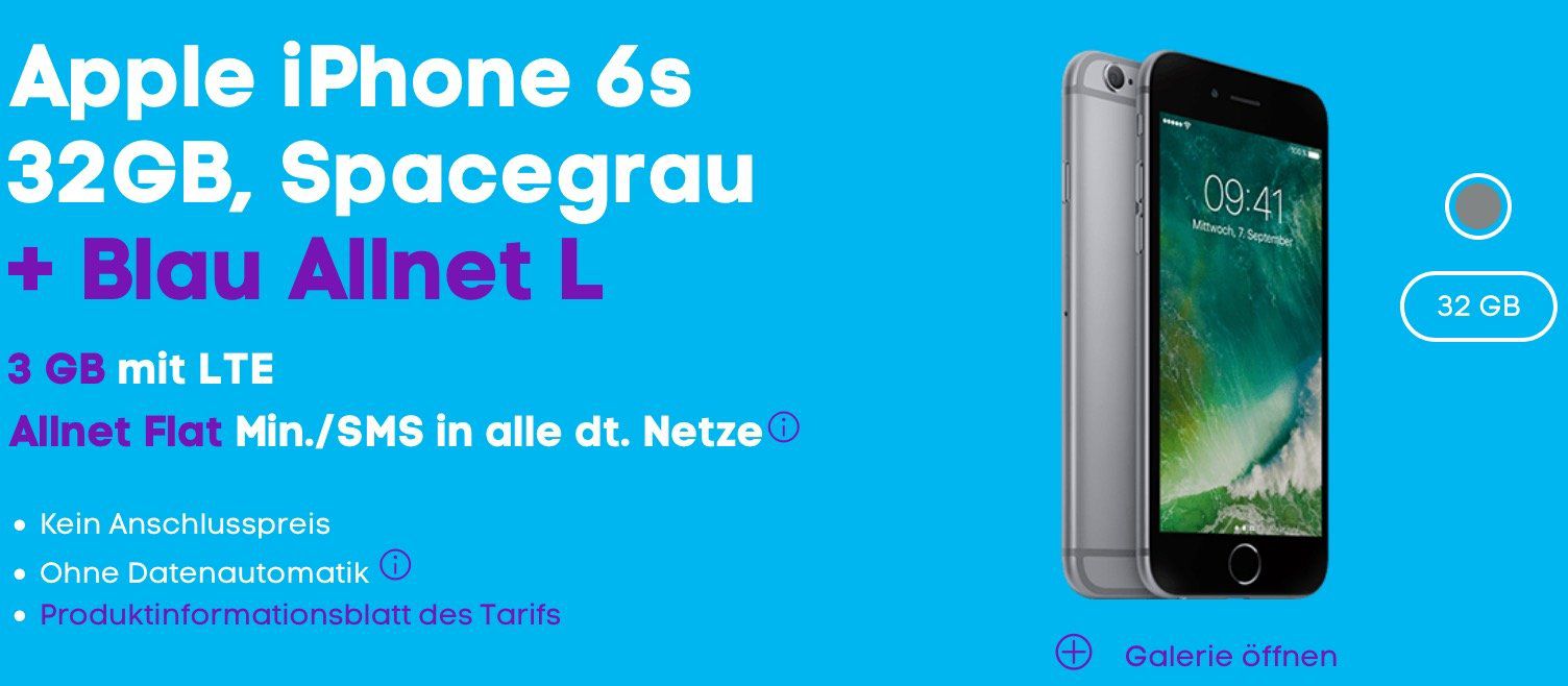 iPhone 6s 32GB für 1€ + Blau Allnet XL +  3GB LTE für 18,99€ mtl.