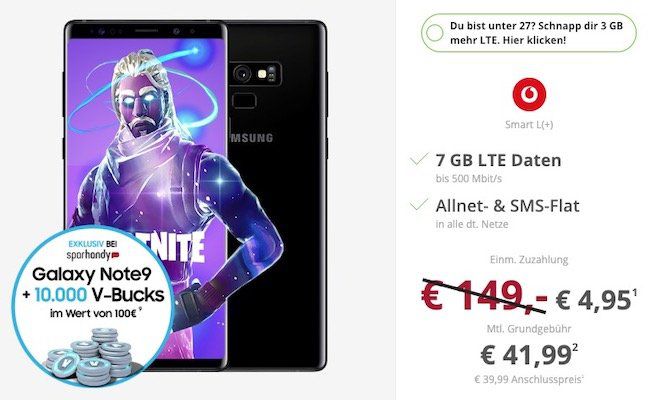 Samsung Galaxy Note 9 für 4,95€ + 10.000 Fortnite V Bucks (Wert 100€) + Vodafone Smart L mit 7GB LTE für 41,99€ mtl.