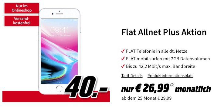 iPhone 8 (64 GB) für 40€ + Vodafone Allnet Flat mit 2GB für 26,99€ mtl.