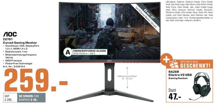 AOC C27G1 27 FullHD curved Gaming Monitor + RAZER Electra V2 Headset für 259€ (statt 299€)