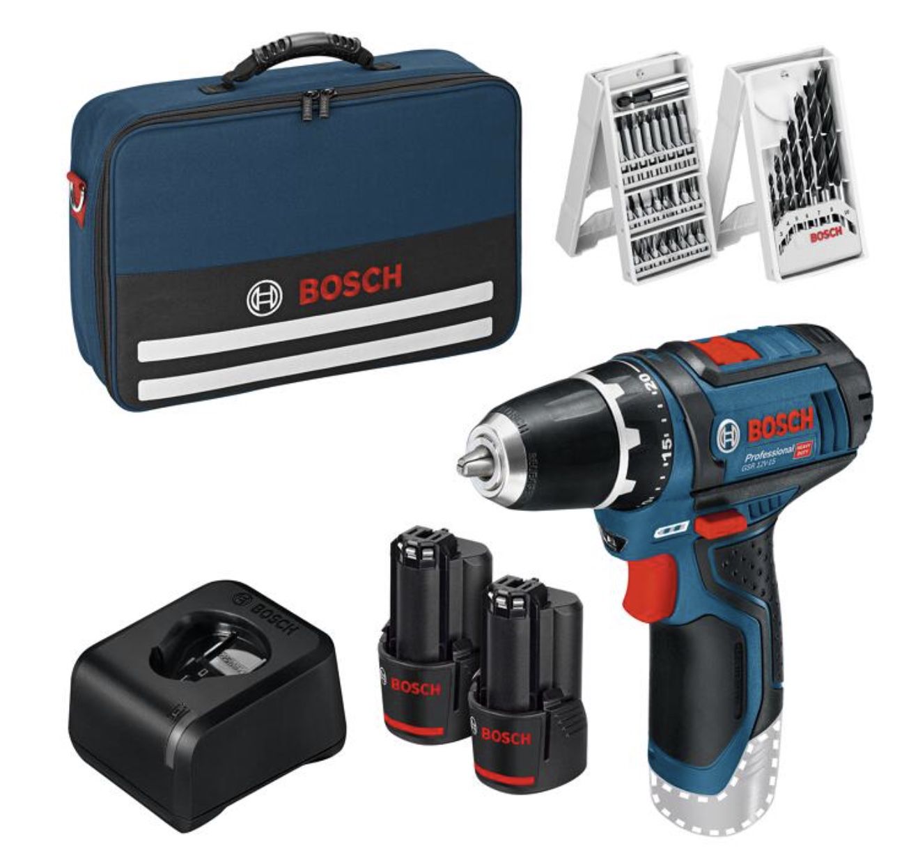 Bosch GSR 12V 15 Akku Bohrschrauber mit 2 Akkus je 2 Ah + Zubehör in Tasche für 109,90€ (statt 124€)