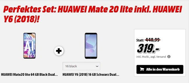 Huawei Mate 20 lite + HUAWEI Y6 (2018) für 319€ (statt 409€)