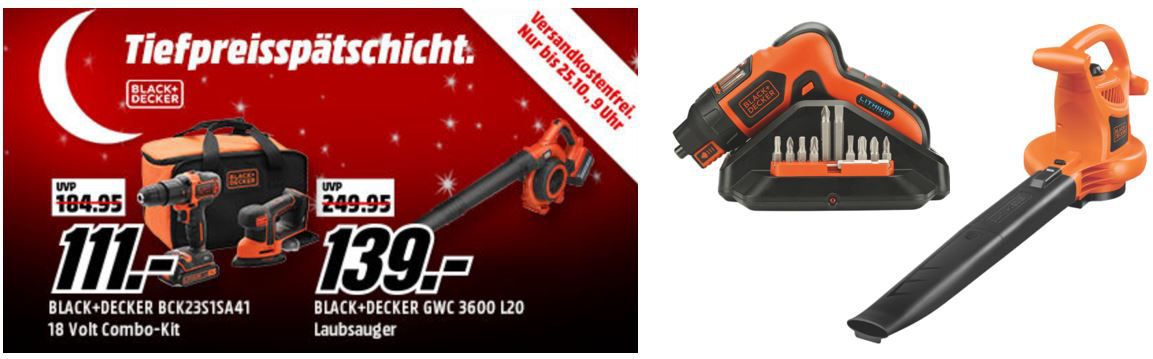 Black & Decker Tiefpreisspätschicht: z. B. BLACK+DECKER AS36LC Akku Schrauber + 11 tlg. Zubehör Set für 25€ (statt 55€)