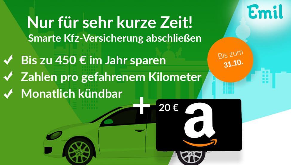 EMIL Kfz Versicherung (monatlich kündbar!) für Wenig Fahrer inkl. 20€ Amazon Gutschein   Zahlung pro gefahrenem Kilometer!