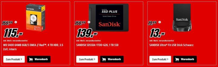 Media Markt Speicher Tiefpreis Woche: bis 20Uhr z.B. SanDisk Plus 1TB SSD für 139€ (statt 154€)