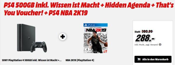 PS4 Slim + NBA 2K19 +3 Games für 288€ (statt 365€) uvm. im Media Markt Dienstag Sale