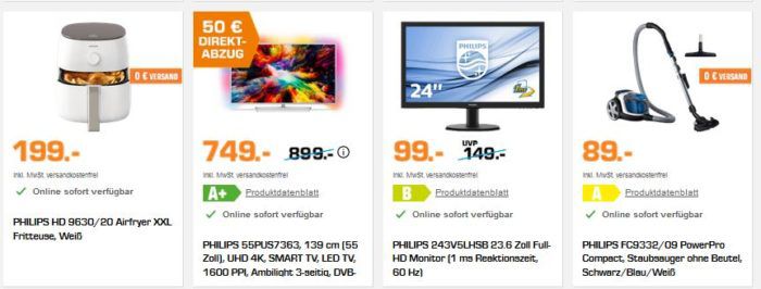 Saturn Markenwoche: heute viele günstige PHILIPS Artikel   z.B. Philips 49PUS7272   49″ UHD TV für 599€