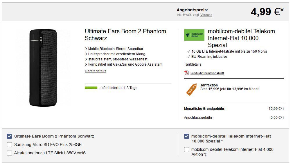 Telekom Datentarif mit 10GB LTE für 13,99€ mtl. + Ultimate Ears Boom 2 Phantom Lautsprecher für 4,99€ (statt 90€)