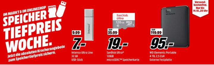 Media Markt Speicher Tiefpreis Woche: bis 20Uhr z.B. SanDisk Plus 1TB SSD für 139€ (statt 154€)
