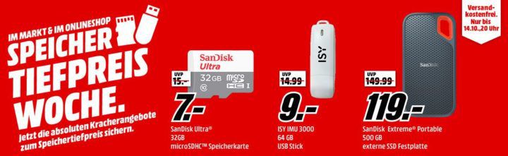 Media Markt Speicher Tiefpreis Woche: bis 20 Uhr z.B. SANDISK Ultra microSDHC Speicherkarte 32 GB für 7€ (statt 12€)