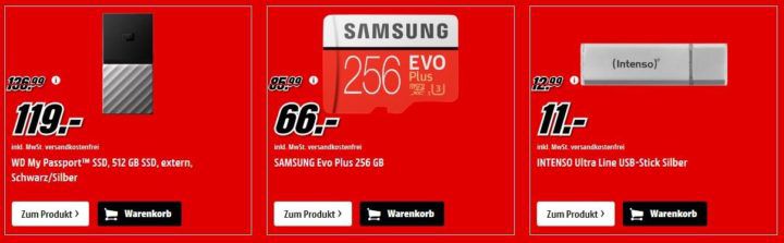 Media Markt Speicher Tiefpreis Woche: heute z.B. SAMSUNG Evo Plus 256 GB microSD für 66€ (statt 75€)