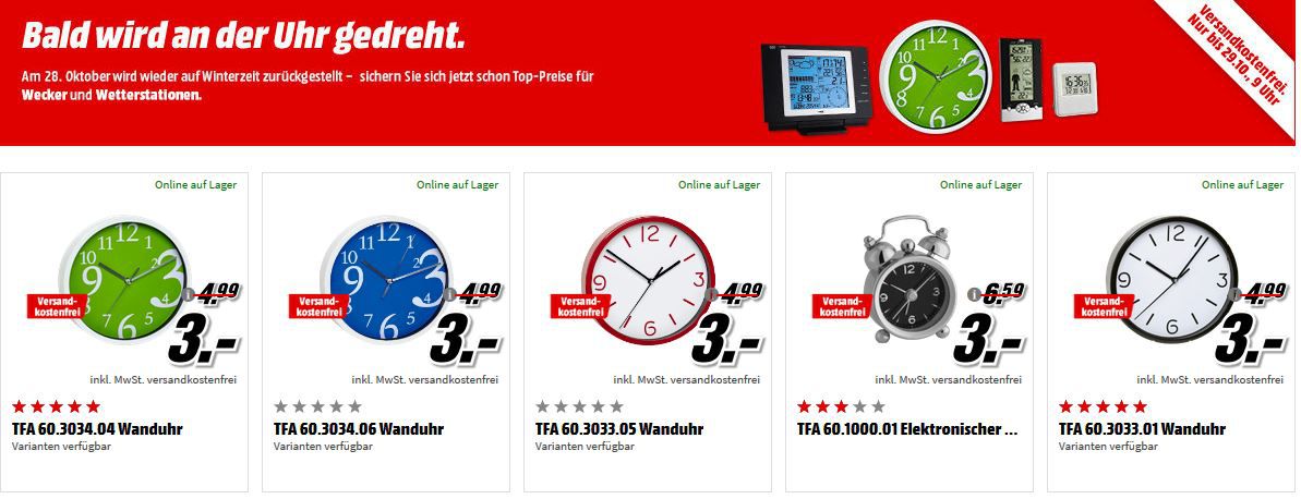 Media Markt Zeitumstellung: Wanduhren und Wecker zu Top Preisen ab 3€!