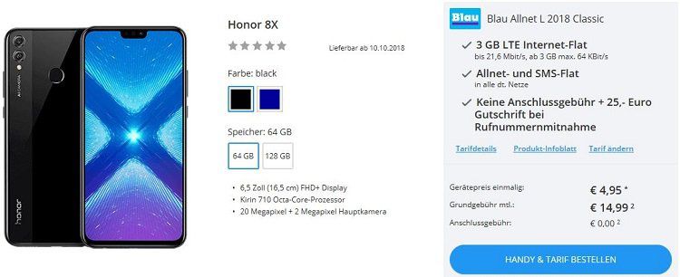 Honor 8X für 4,95€ + Blau (o2) Allnet L Flatrate mit 3 GB LTE für 14,99€ mtl.