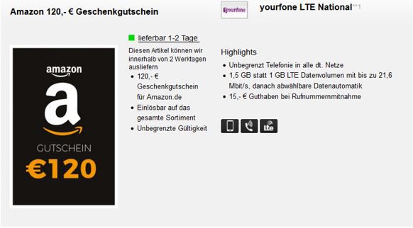 Knaller! Telefonica AllNet Flat + 1,5 GB LTE für 5,99€ mtl. dank 120€ Amazon Gutschein eff. 2,99€ mtl. ?