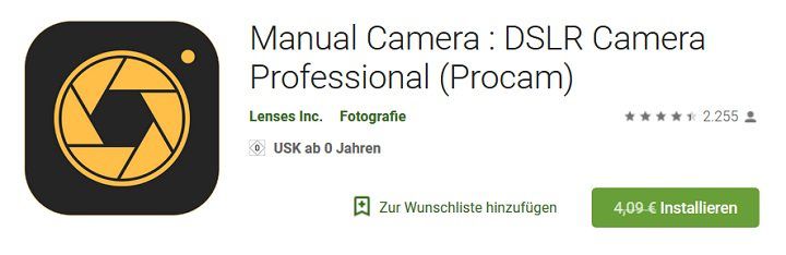 Android: Manual Camera: DSLR Camera Professional (Procam) gratis (statt 4€)