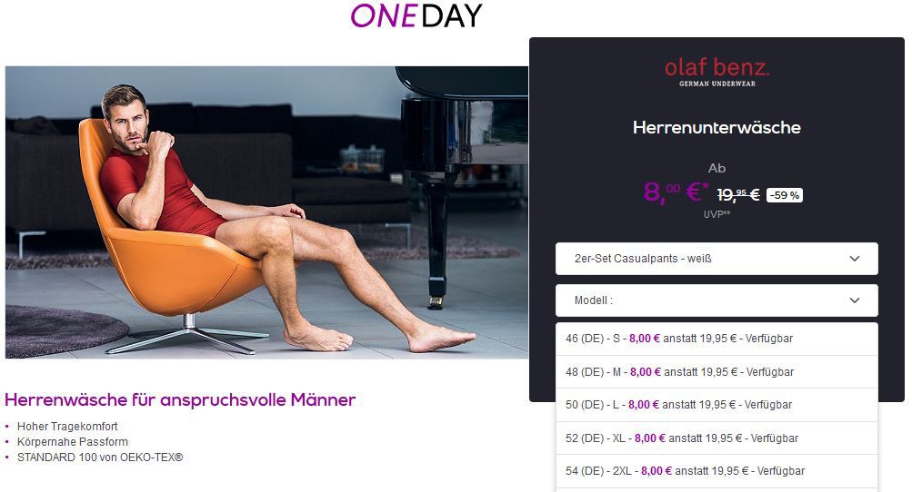 Olaf Benz Herrenunterwäsche Sale nur heute   z.B. 2er Set Casualpants ab 8€