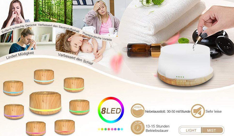 Neloodony Diffusor mit 450ml & 8 LED Farben für 10,99€ (statt 22€)