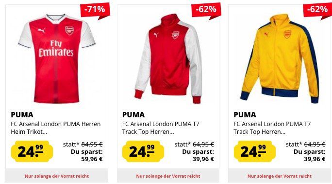 FC Arsenal London Sale bei SportSpar   z.B. Stadion Jacke für 21,99€