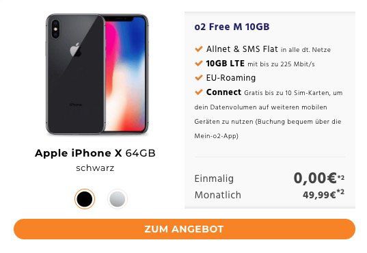iPhone X für 0€ + o2 Free M 10GB LTE für 49,99€ mtl.