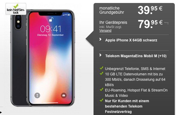 iPhone X für 79,95€ + Telekom MagentaEins Mobil M mit 10GB LTE für 45,20€ mtl.   nur für Festnetz Bestandskunden