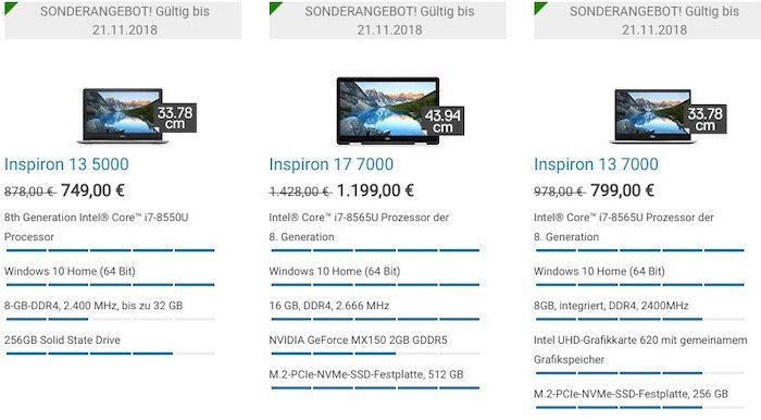 Dell mit Black Freitag Angeboten   z.B. Dell Inspiron 13 Notebook i7 8550U und 256GB SSD für 749€ (statt 804€)