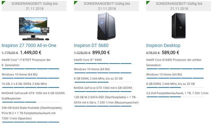 Dell mit Black Freitag Angeboten   z.B. Dell Inspiron 13 Notebook i7 8550U und 256GB SSD für 749€ (statt 804€)