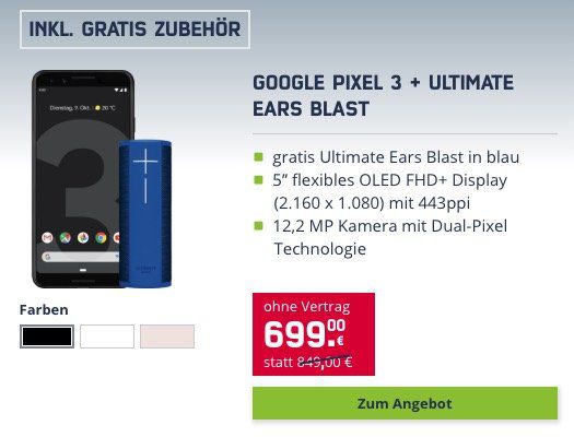 Google Pixel 3 64GB für 699€ (statt 775€) + gratis UE Blast Lautsprecher (Wert 88€)