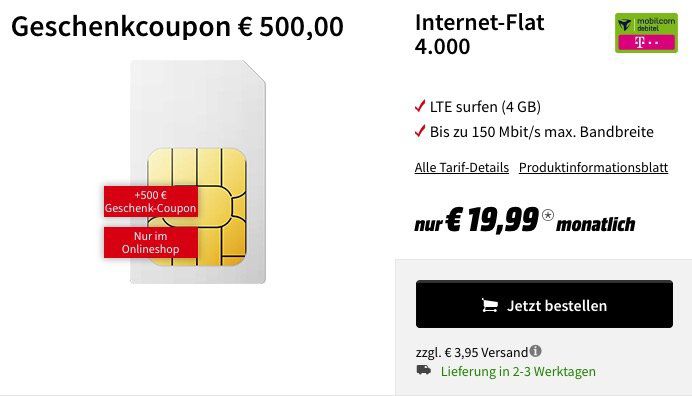 Absoluter Knaller! ? Telekom 4GB LTE oder Vodafone 5GB LTE Datentarife für je 19,99€ mtl. + 500€ Media Markt Gutschein geschenkt
