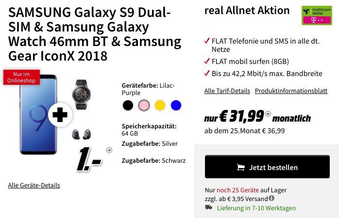 Media Markt Tarif Angebote am Cyber Monday   z.B. Galaxy S9 + Galaxy Watch + Gear IconX für 1€ + Telekom Flat mit 8GB für 31,99€ mtl.