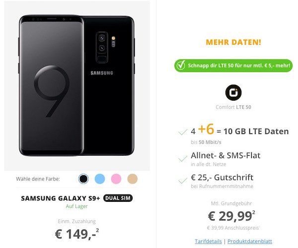 Red Friday Deals bei Sparhandy   z.B. Samsung Galaxy S9+ für 149€ + Vodafone Allnet Flat mit 10GB LTE für 29,99€ mtl.