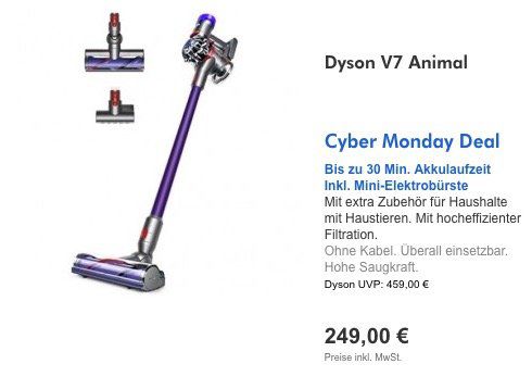 Dyson Cyber Monday und Black Week Deals   z.B. Dyson V7 Animal Staubsauger für 249€ (statt 318€)