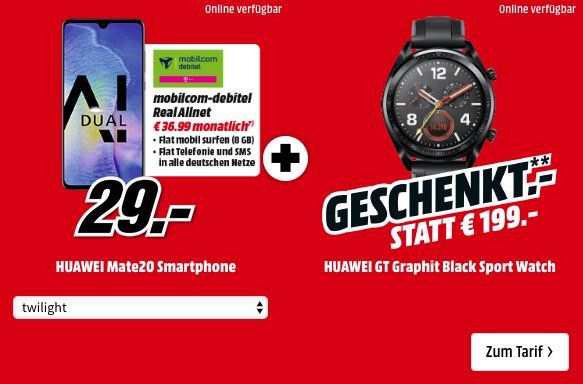 Huawei Mate 20 + Huawei Watch GT für 29€ + Telekom Allnet Flat mit 8GB für 36,99€ mtl.