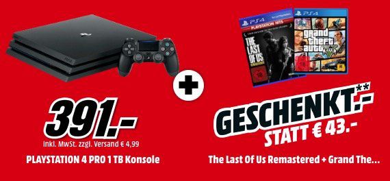 Playstation 4 Pro + The Last Of Us Remastered + GTA 5 ab 391€ (statt 435€)