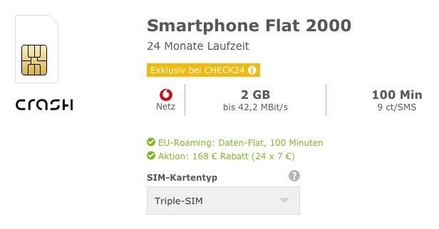 Vodafone Tarif + 100 Freiminuten + 2GB effektiv 2,99€ mtl.