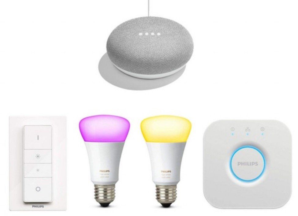 Philips Hue White und Color Ambiance Starter Kit + Dimmer + 2 x E27 Lampen + Google mini für 99€ (statt 140€)