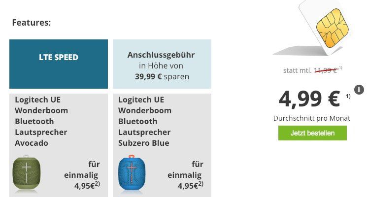 o2 Smart Surf mit 1GB LTE für 4,99€ mtl. + Logitech UE Wonderboom für 4,95€ (Wert 64€)