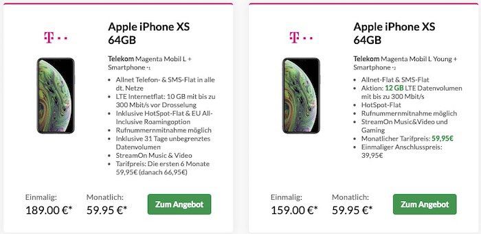 iPhone XS für 189€ oder XS Max für 279€ + Telekom Magenta Mobil L+ mit 10GB LTE (20GB mit MagentaEINS) für 65,20€ mtl.   Young nur 59,95€ mtl.