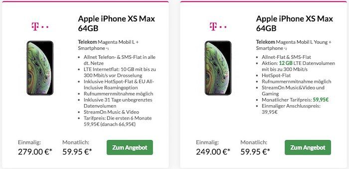 iPhone XS für 189€ oder XS Max für 279€ + Telekom Magenta Mobil L+ mit 10GB LTE (20GB mit MagentaEINS) für 65,20€ mtl.   Young nur 59,95€ mtl.