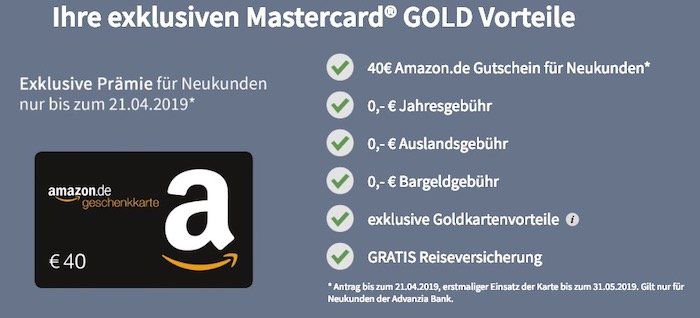 HOT! payVIP Mastercard Gold (100% gebührenfrei) + 40€ Amazon.de Gutschein geschenkt