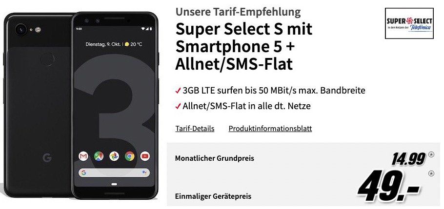 Google Pixel 3 für 49€ + Vodafoen Flat mit 2GB LTE für 16,99€ mtl. oder o2 Allnet Flat mit 3GB LTE für 14,99€ mtl.