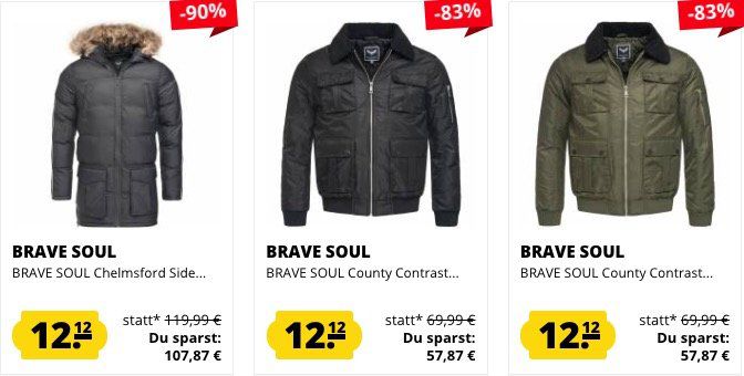 Brave Soul Jacken und Westen für je 12,12€ bei SportSpar