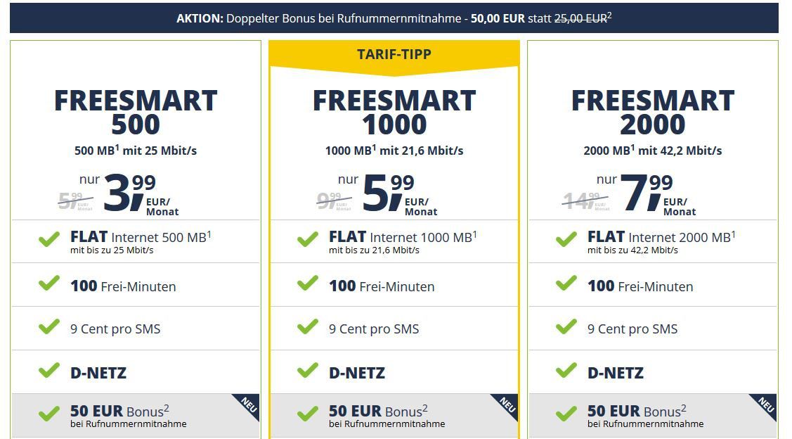 freenetMobile Tarife im Telekom oder Vodafone Netz mit bis zu 2GB Datenvolumen ab 3,99€ mtl.