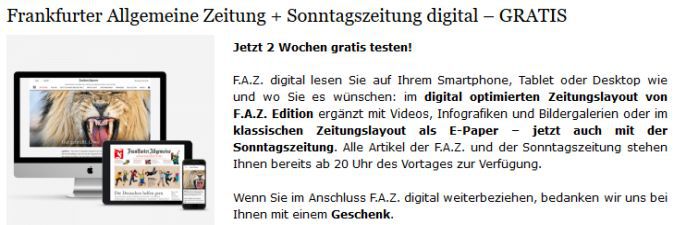 2 Wochen FAZ + Sonntagszeitung (digital) gratis – Kündigung notwendig