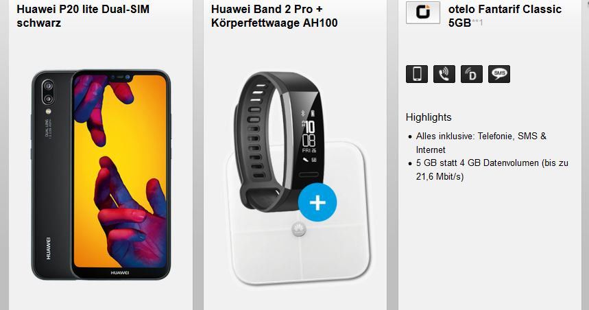 TOP! Huawei P20 lite Dual SIM + Huawei Band 2 Pro + Körperfettwaage AH100 für 4,95€ + Otelo AllNet Flat + 5GB Daten  für 19,05€