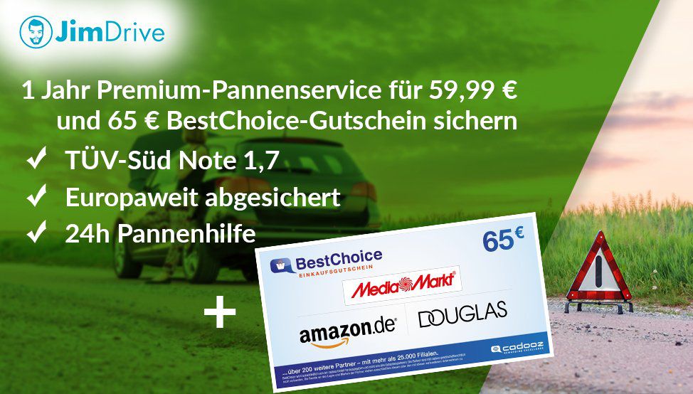 1 Jahr JimDrive Pannenhilfe (europaweit) für 59,99€ + 65€ Wertgutschein (eff. mit Gewinn)