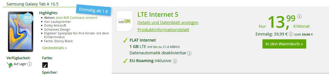 Samsung Galaxy Tab A 10.5 LTE 32GB für 39,99€ (statt 318€) + 1 GB LTE O2 Datenflat eff. 12,32€ dank 80€ Cashback