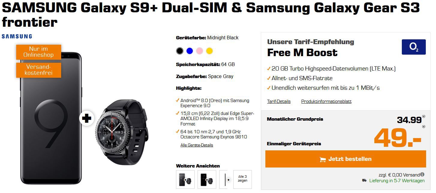 Samsung Galaxy S9 Plus + Gear S3 frontier für 49€ (statt 746€) + O2 AllNet & SMS Flat + 20GB LTE für 34,99€ mtl.
